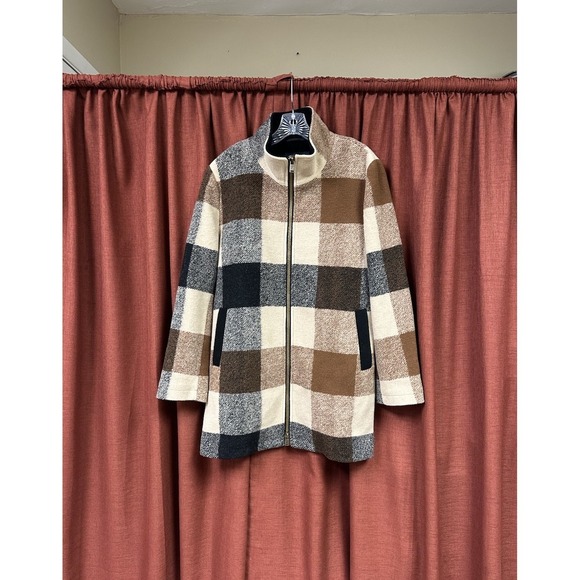 Pendleton Wool Blend Walker Coat Jacket Cream Brown Plaid Women Size Large - Picture 2 of 8